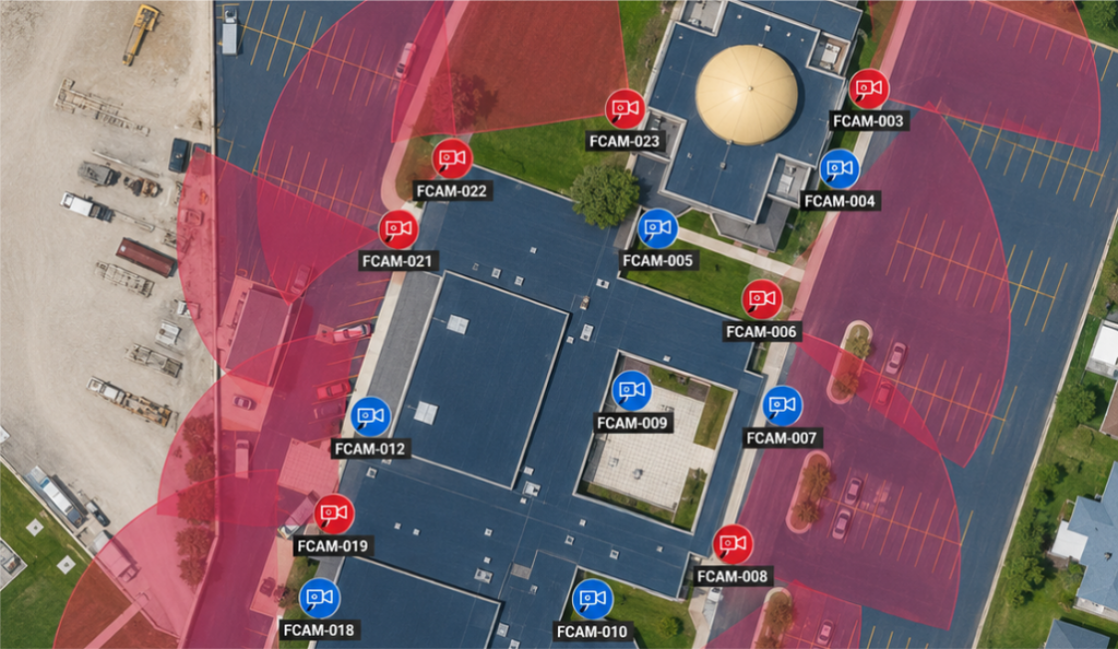 Parking lot security camera placement map showing coverage areas and blind spot